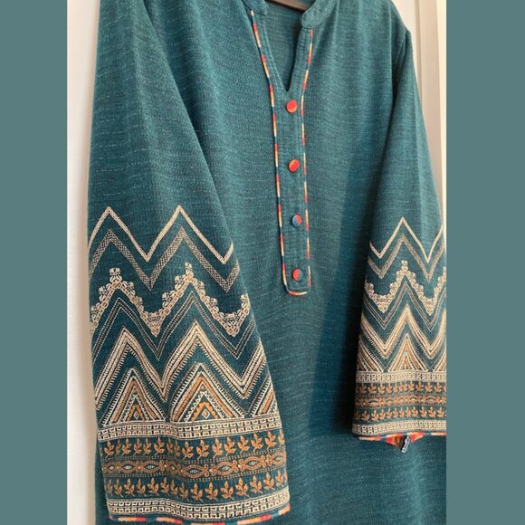 Beliza Teal Knit Ethnic Tunic Dress Metallic Thread, Boho Chic - Picture 9 of 13